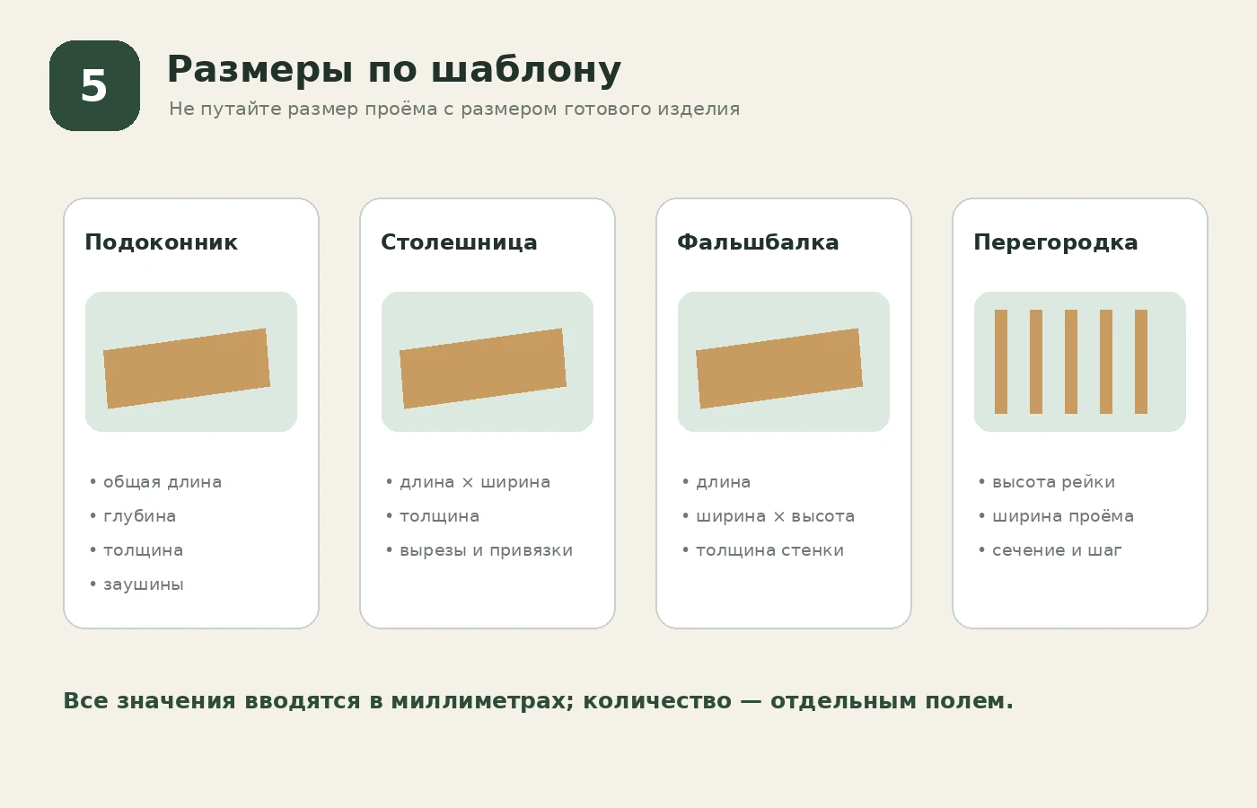 Размеры подоконника, столешницы, фальшбалки и реечной перегородки в калькуляторе